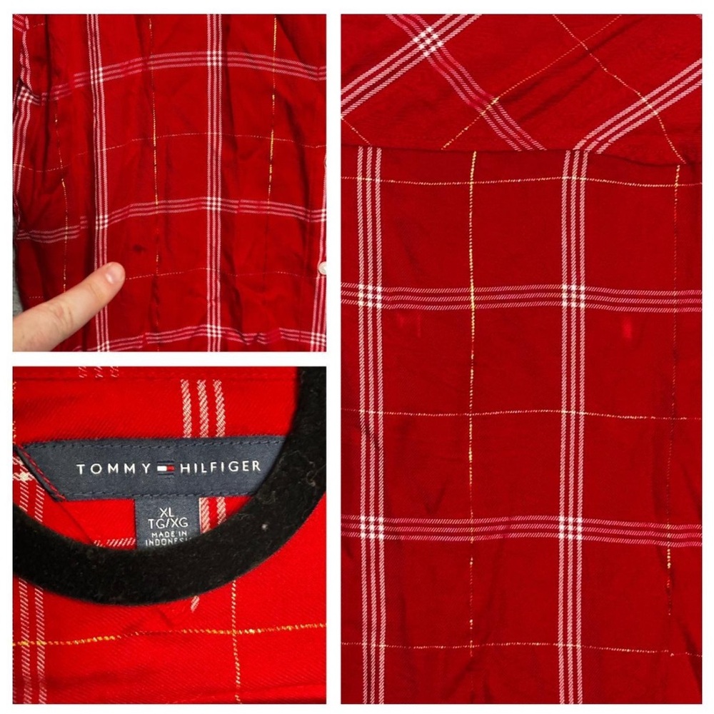 Tommy Hilfiger XL Red Plaid Metallic Roll-Tab Button-Down Shirt Preppy Festive - Picture 9 of 13